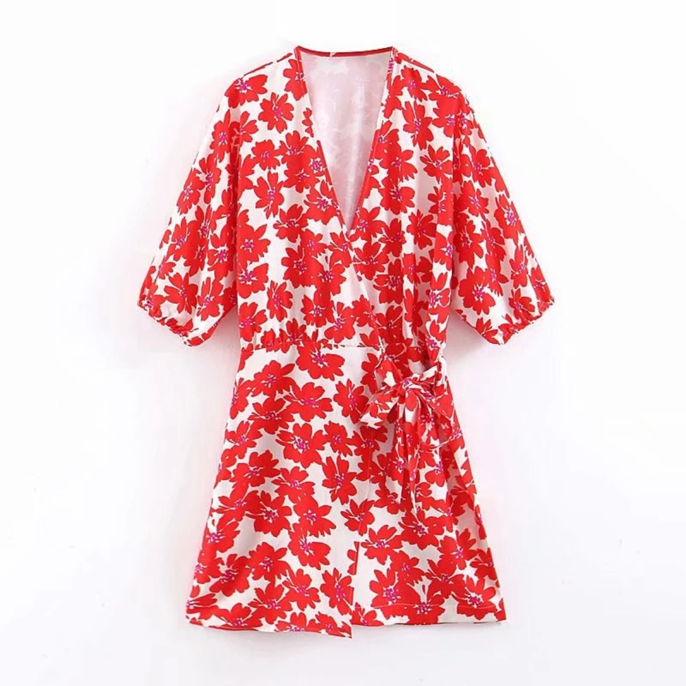 Red & Fuchsia Floral Wrap Dress